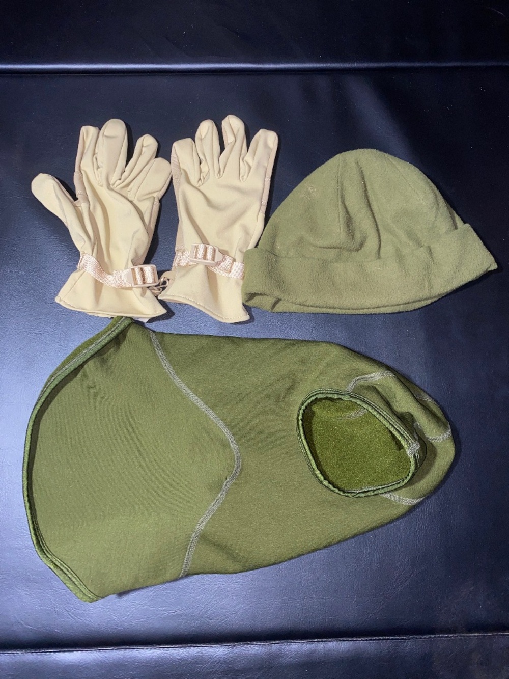 Size Small Tan Leather Gloves with Green Hat and Balaclava Cold Weather Combo